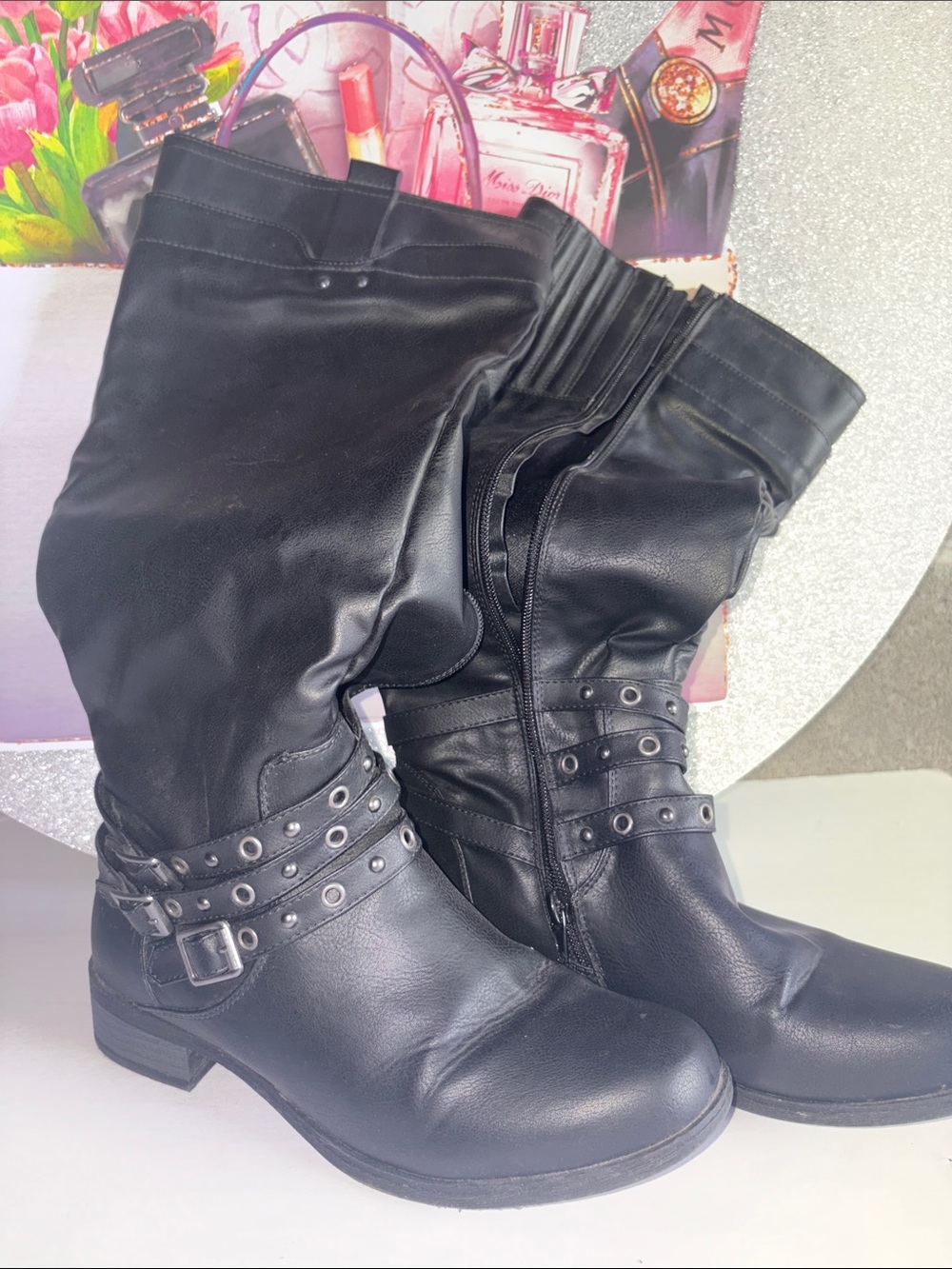 XOXO Black Mid-Calf Moto Boots with Studded Straps